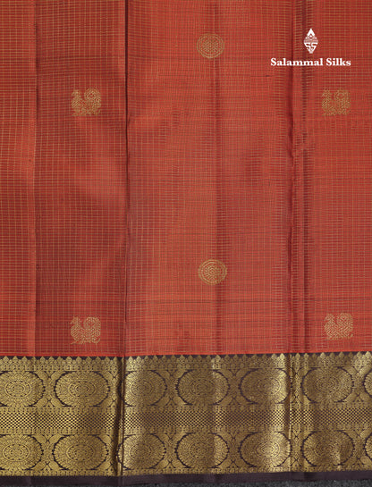 Beautiful Rust Orange Small Checks Mayil And Chakaram Buttas Pure Kanjivaram Silk Saree With Contrast Dark Brown Traditional Border