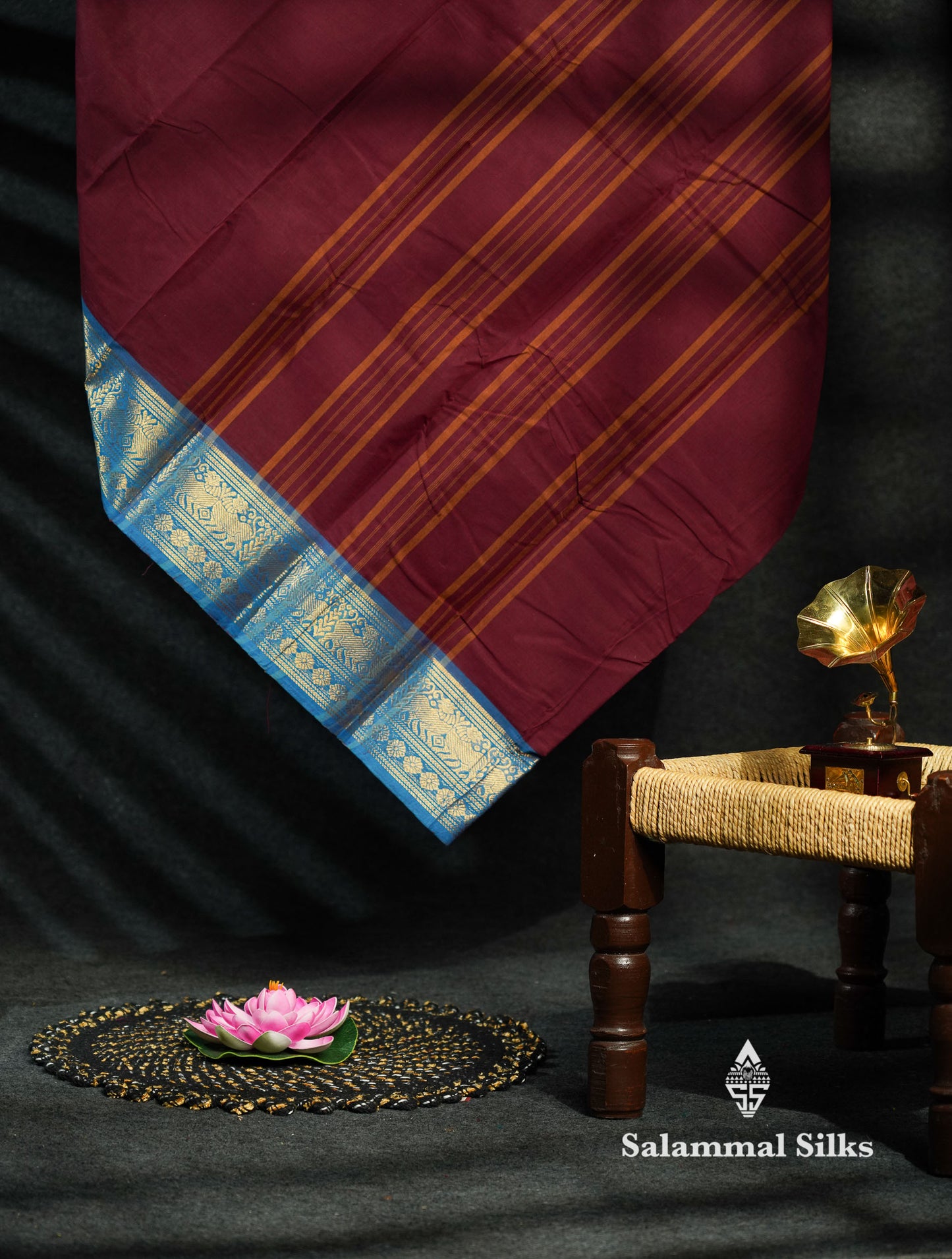 Beautiful Dark Maroon Chettinad Plain Pure Cotton Saree With Blue Border