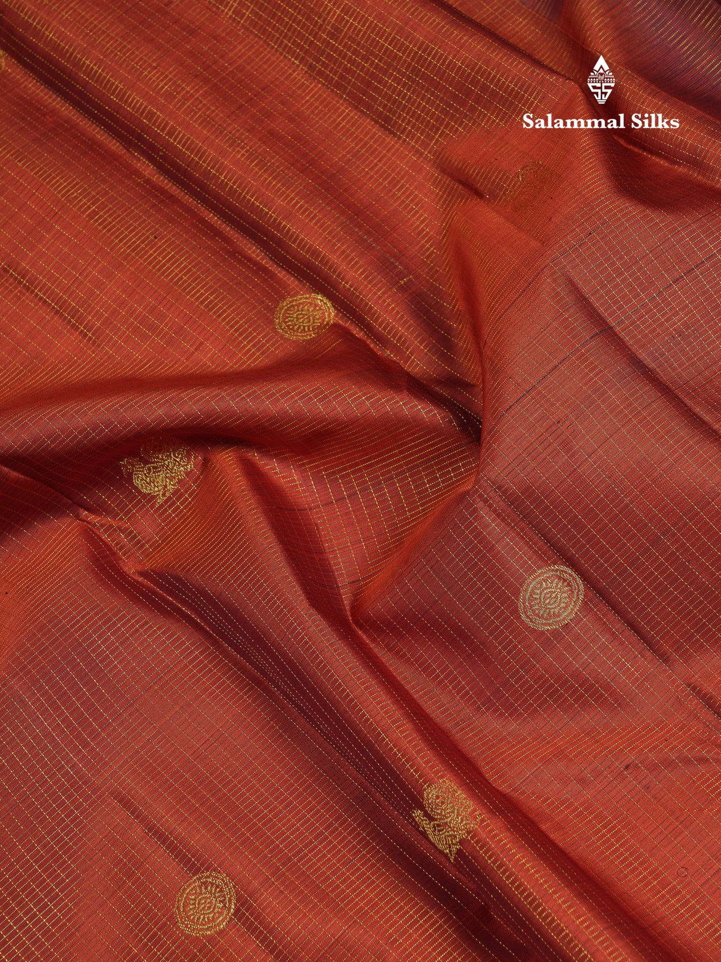 Beautiful Rust Orange Small Checks Mayil And Chakaram Buttas Pure Kanjivaram Silk Saree With Contrast Dark Brown Traditional Border