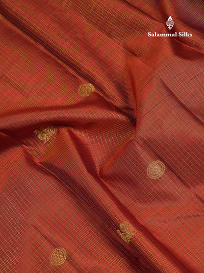 Beautiful Rust Orange Small Checks Mayil And Chakaram Buttas Pure Kanjivaram Silk Saree With Contrast Dark Brown Traditional Border