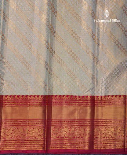 Beautiful Elaichi Green Tissue 2G Pure Kanjivaram Silk Saree With Contrast Dark Maroon Traditional Border