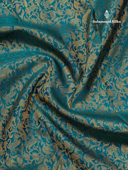Kanjivaram Ramar Blue Vanasingaram Pure Silk Saree With Contrast Violet Broder