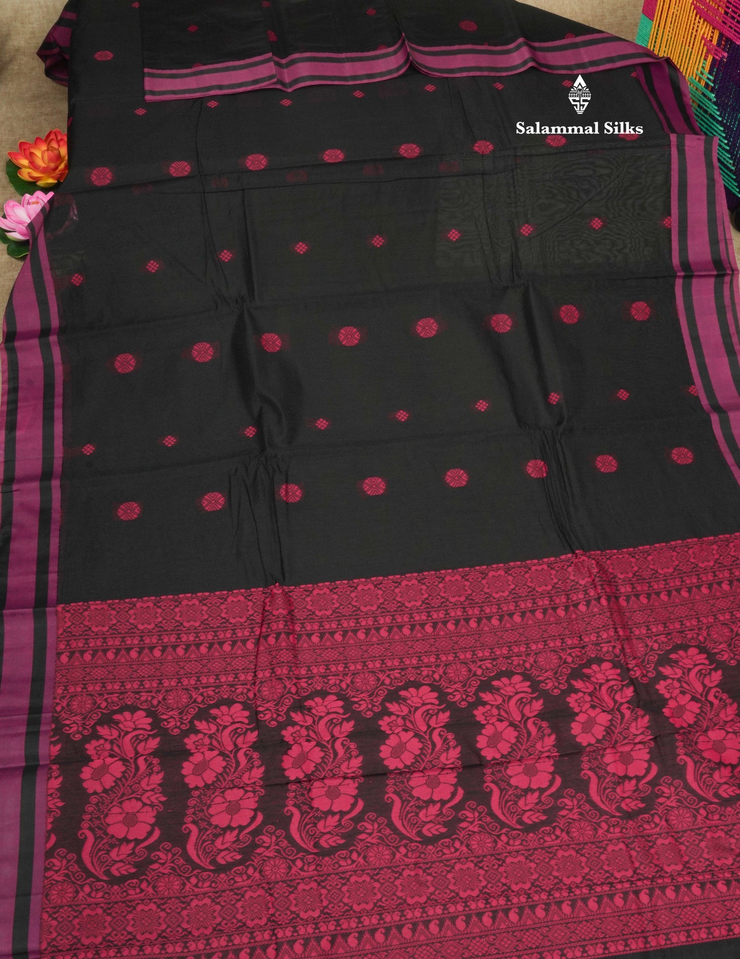 Black Beautiful SICO Cotton Saree With Magenta Border