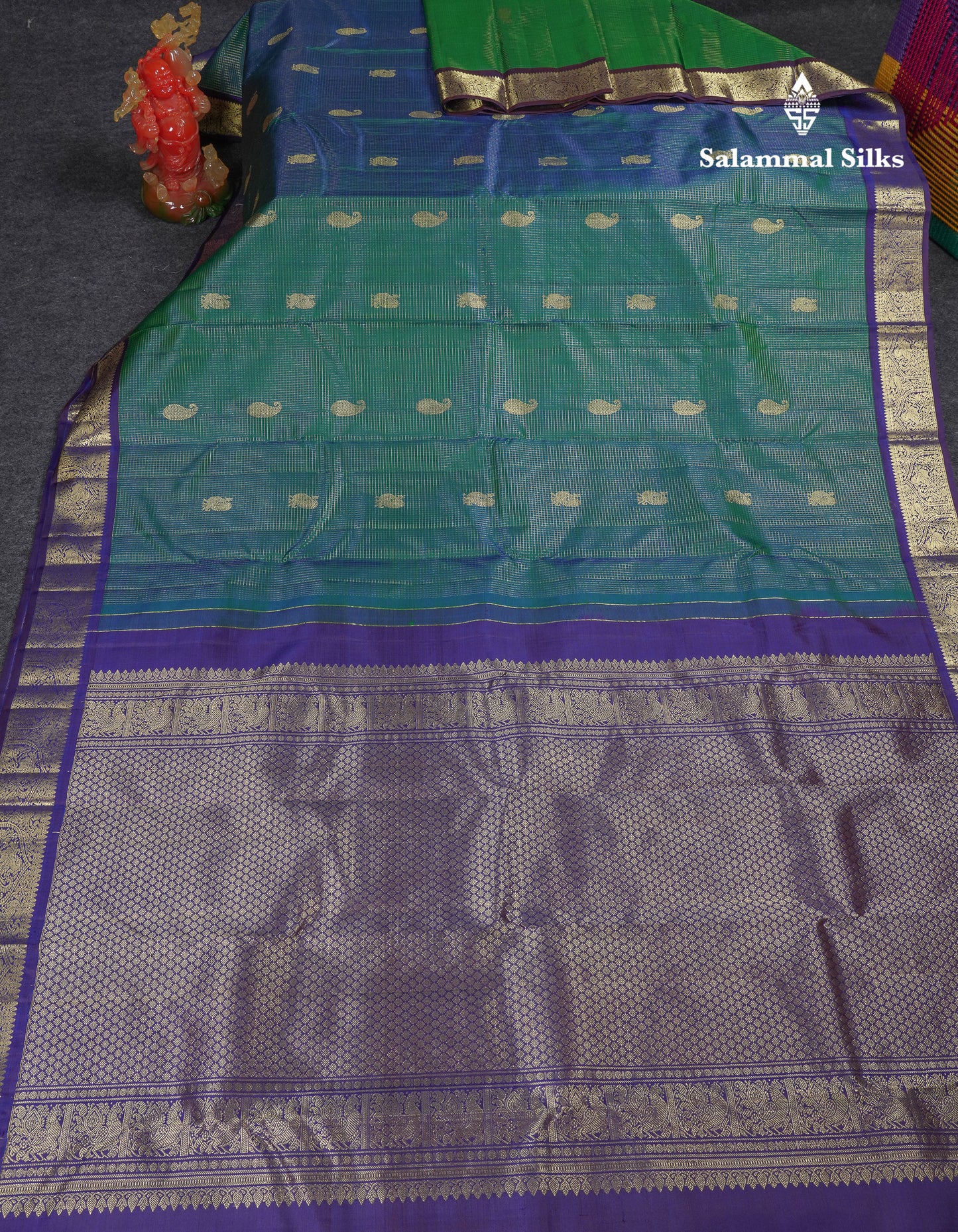 Beautiful Dual Tone Peacock Green Vaira Oosi Checks And Butta Mango & Peacock Butta Pure Kanjivaram Silk Saree With Contrast Navy Blue Traditional Medium Border