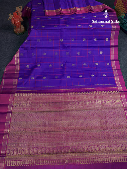 Beautiful Violet Checks And Traditional Butta Pure Kanjivaram Silk Saree With Contrast Purple Border