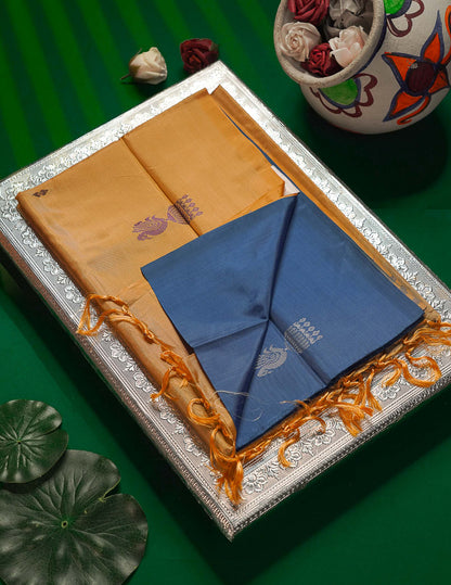 Blue Banana Pinth Saree (Vaazhainaar Pattu) With Contrast Mustard Yellow Blouse