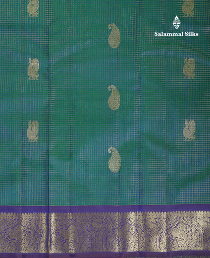 Beautiful Dual Tone Peacock Green Vaira Oosi Checks And Butta Mango & Peacock Butta Pure Kanjivaram Silk Saree With Contrast Navy Blue Traditional Medium Border