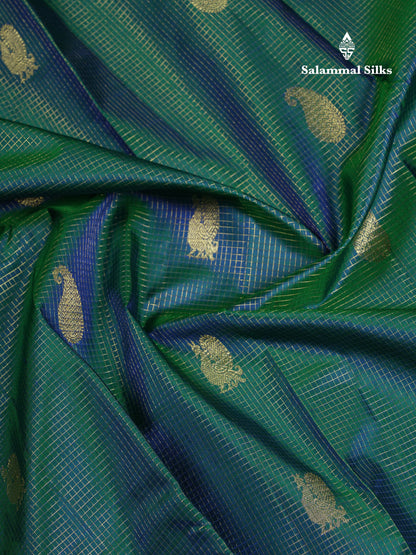 Beautiful Dual Tone Peacock Green Vaira Oosi Checks And Butta Mango & Peacock Butta Pure Kanjivaram Silk Saree With Contrast Navy Blue Traditional Medium Border