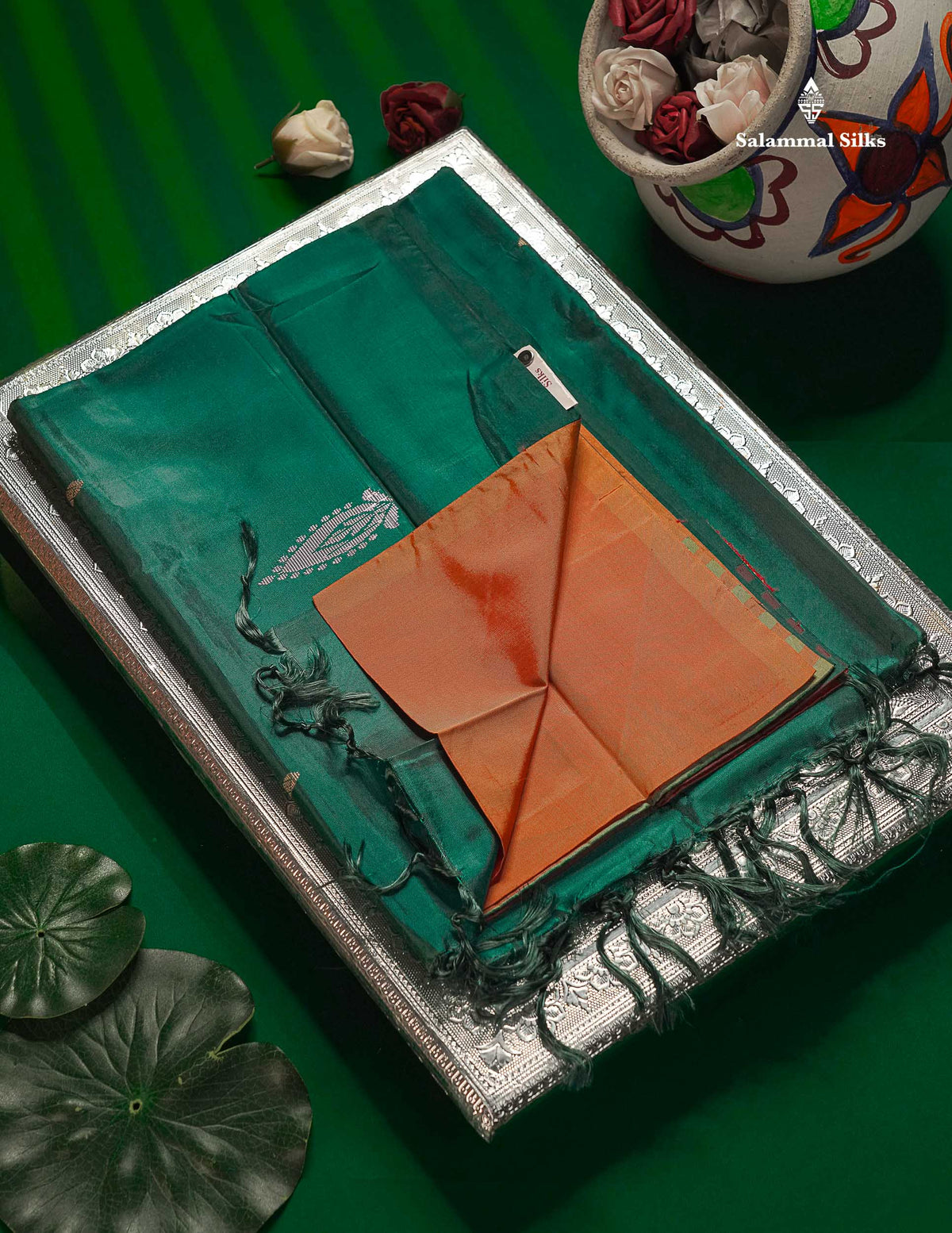 Orange Thread work Buttas Banana Pinth Saree (Vaazhainaar Pattu) With Contrast Green Blouse
