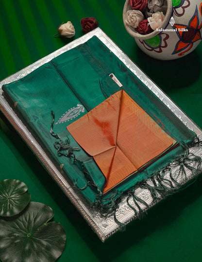 Orange Thread work Buttas Banana Pinth Saree (Vaazhainaar Pattu) With Contrast Green Blouse