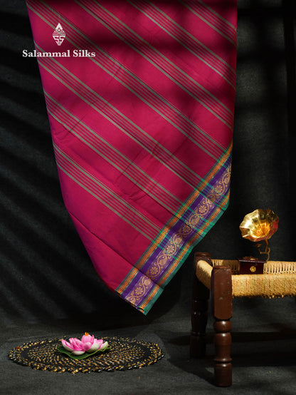 Beautiful Magenta Plain Chettinad Pure Cotton Saree With Violet Traditional Border