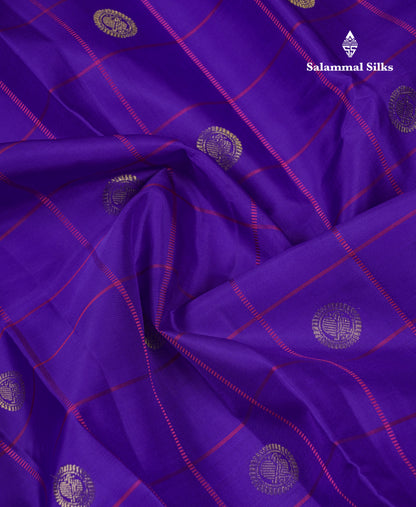 Beautiful Violet Checks And Traditional Butta Pure Kanjivaram Silk Saree With Contrast Purple Border