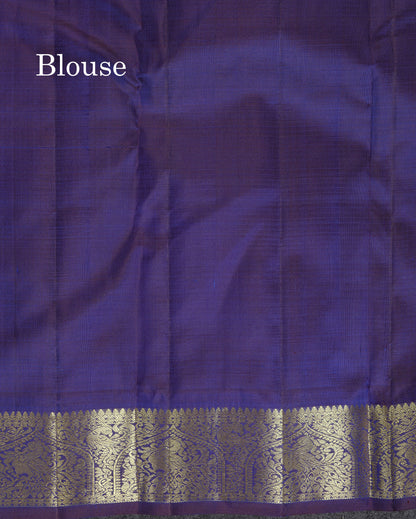Beautiful Dual Tone Peacock Green Vaira Oosi Checks And Butta Mango & Peacock Butta Pure Kanjivaram Silk Saree With Contrast Navy Blue Traditional Medium Border