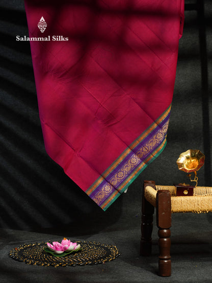 Beautiful Magenta Plain Chettinad Pure Cotton Saree With Violet Traditional Border