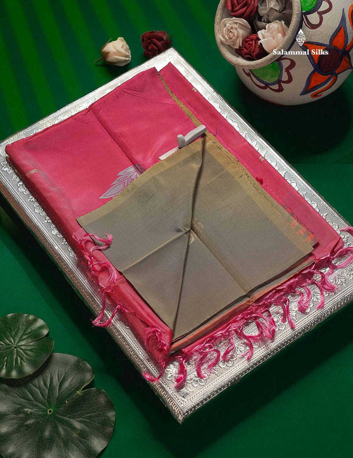 Olive Mustard Yellow Thread work Buttas Banana Pinth Saree (Vaazhainaar Pattu) With Contrast Magenta Pink Blouse