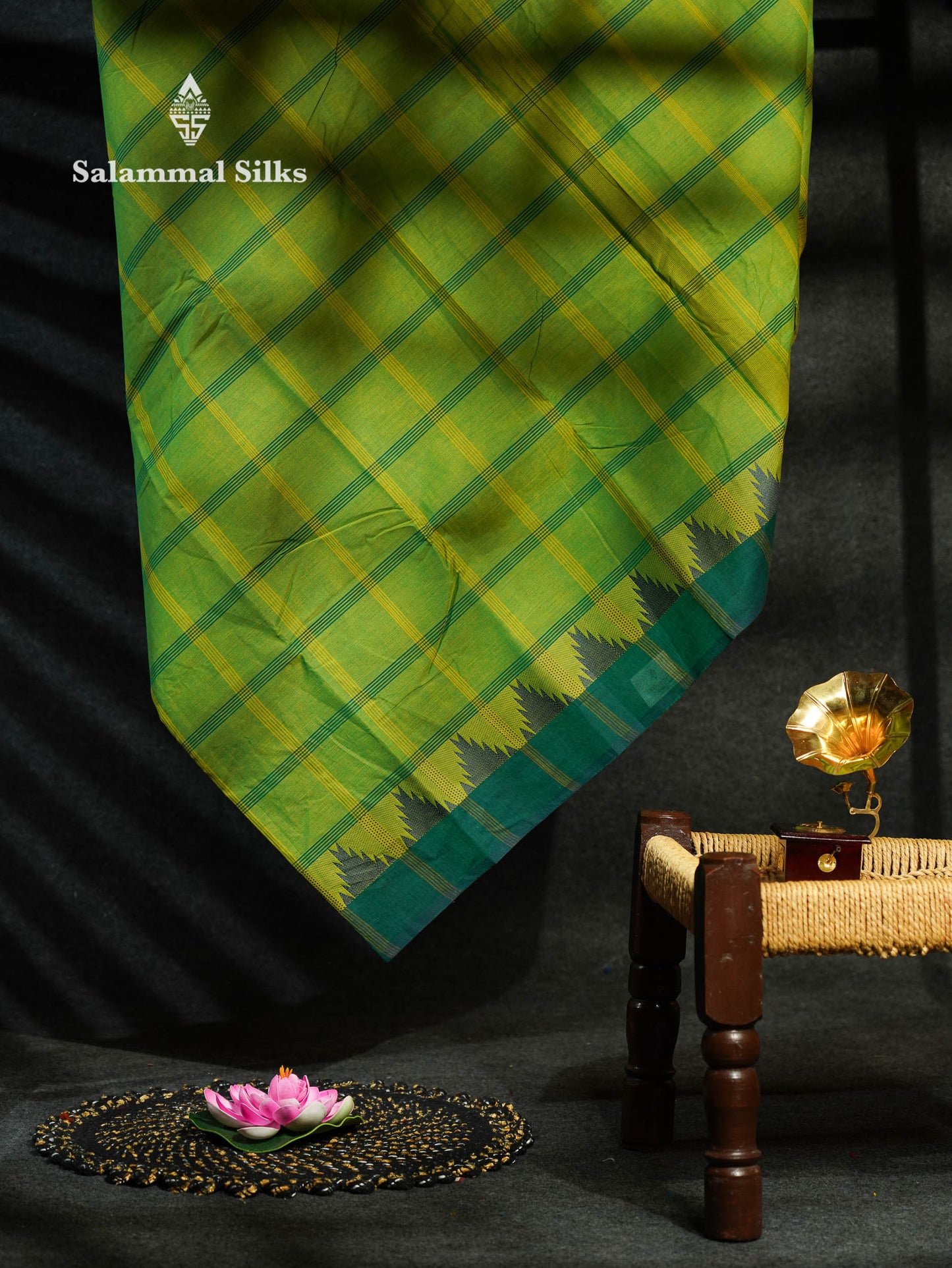 Beautiful Mustard Yellow Thread Checks  Pure Chettinad Cotton Saree With Navy Blue Traditional Temple Border