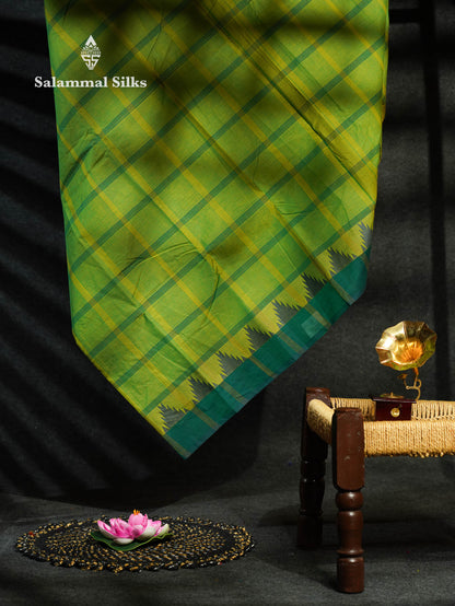 Beautiful Mustard Yellow Thread Checks  Pure Chettinad Cotton Saree With Navy Blue Traditional Temple Border