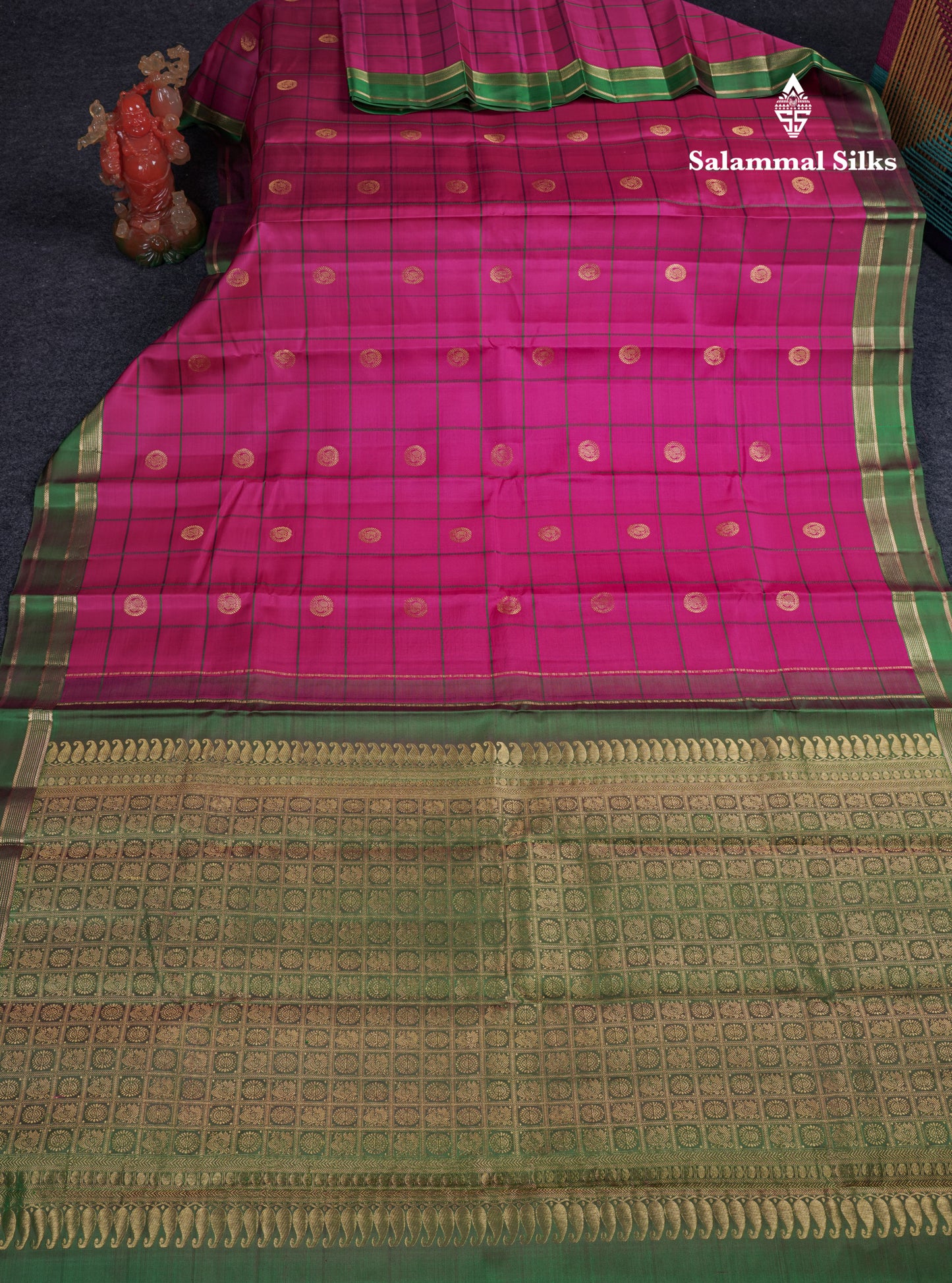 Beautiful Magenta Pink Checks With Butta Pure Kanjivaram Silk Saree With Contrast Green Traditional Gap Border