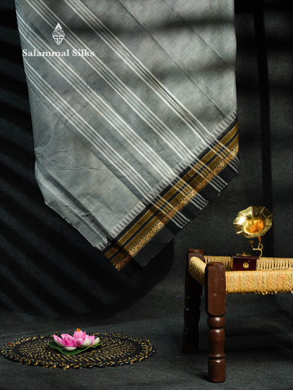 Beautiful Grey Plain Pure Chettinad Cotton Saree With Black Thread Work Border