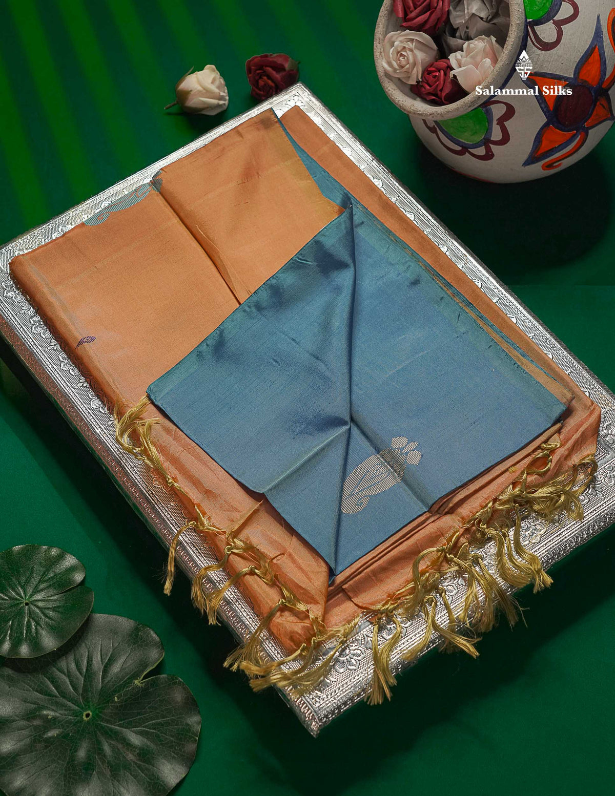 Sky Blue Thread work Buttas Banana Pinth Saree (Vaazhainaar Pattu) With Contrast Peach Blouse