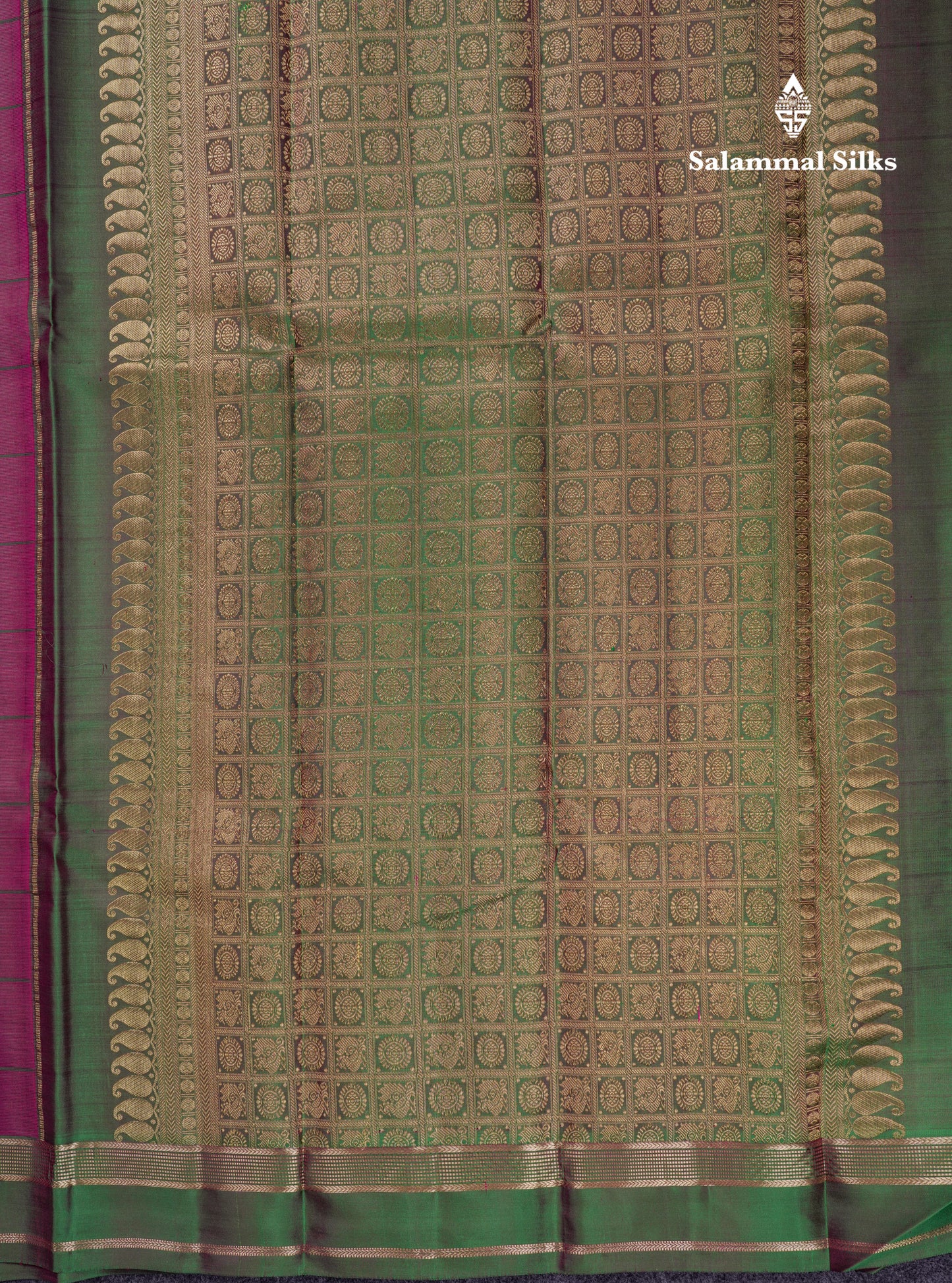 Beautiful Magenta Pink Checks With Butta Pure Kanjivaram Silk Saree With Contrast Green Traditional Gap Border