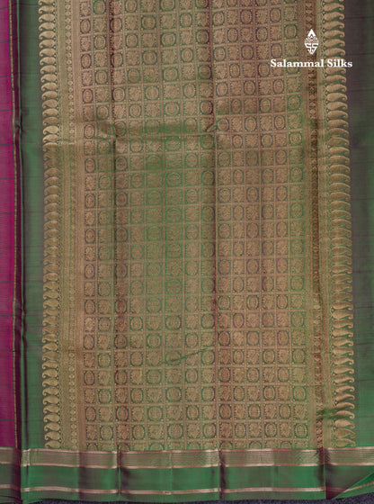 Beautiful Magenta Pink Checks With Butta Pure Kanjivaram Silk Saree With Contrast Green Traditional Gap Border