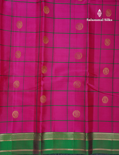 Beautiful Magenta Pink Checks With Butta Pure Kanjivaram Silk Saree With Contrast Green Traditional Gap Border