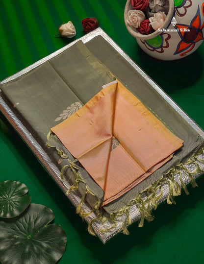 Peach Thread work Buttas Banana Pinth Saree (Vaazhainaar Pattu) With Contrast Grey Blouse