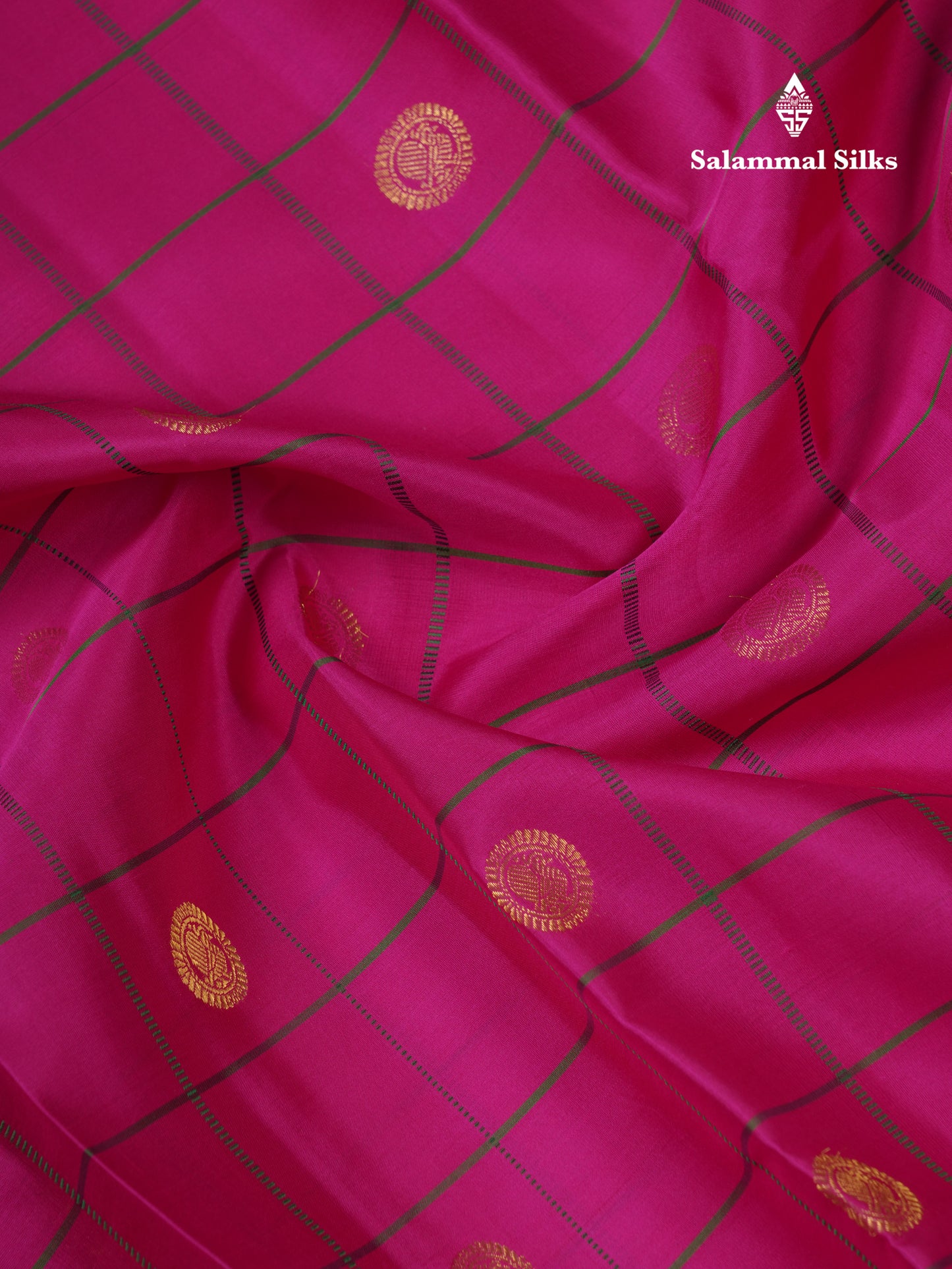 Beautiful Magenta Pink Checks With Butta Pure Kanjivaram Silk Saree With Contrast Green Traditional Gap Border