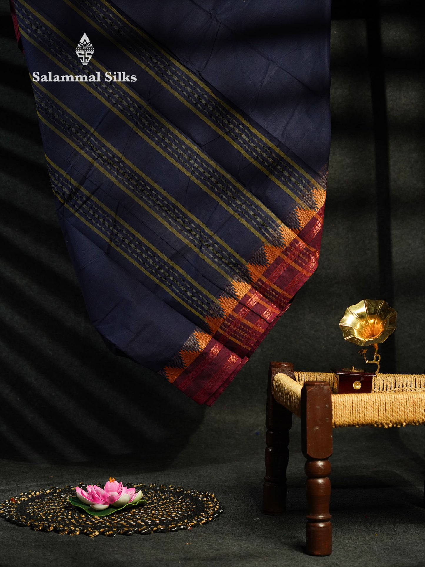 Beautiful Grey Plain Pure Chettinad  Cotton Saree With Violet Thread Work Traditional Temple And Double Border