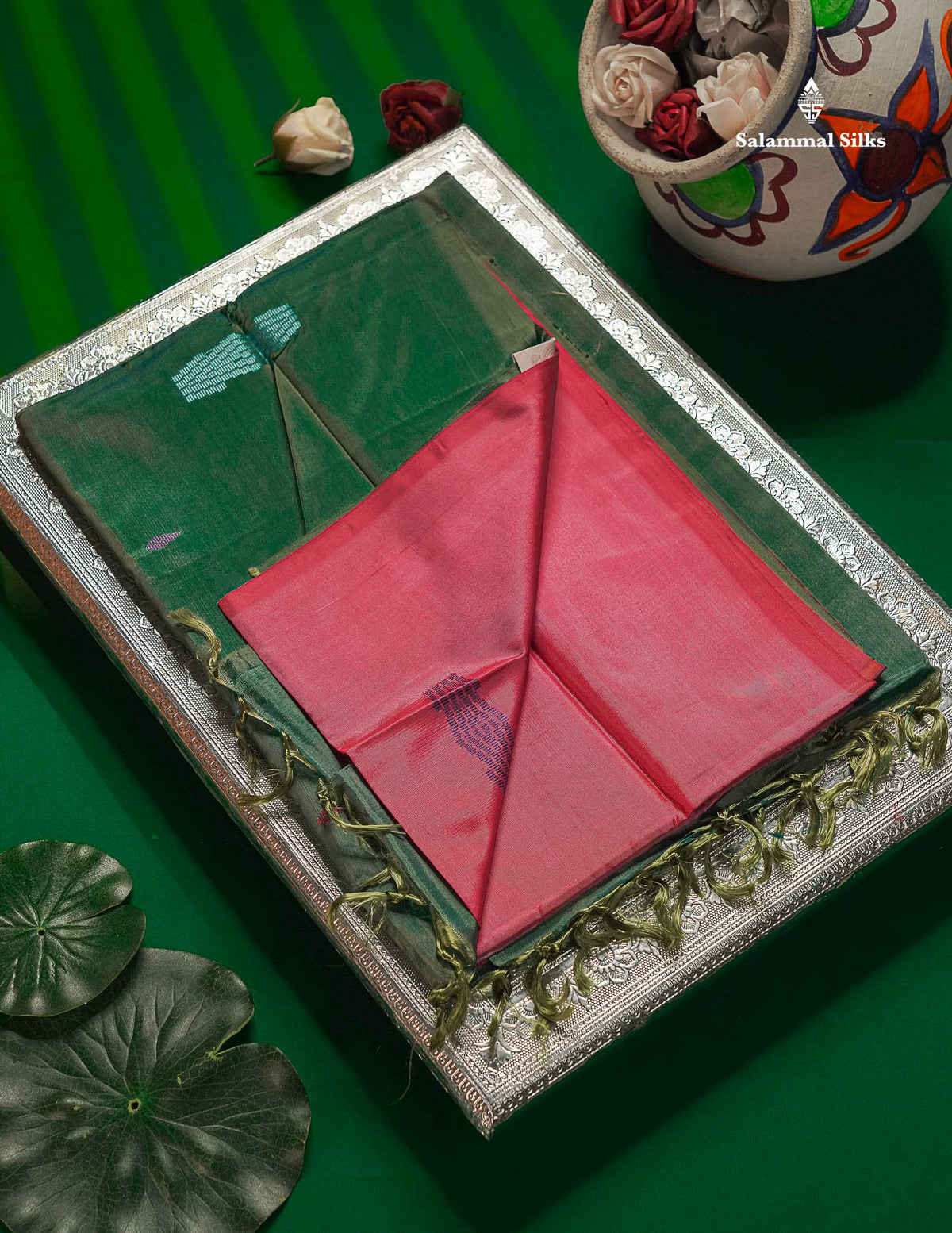 Pink Thread work Buttas Banana Pinth Saree (Vaazhainaar Pattu) With Contrast Green Shade Blouse