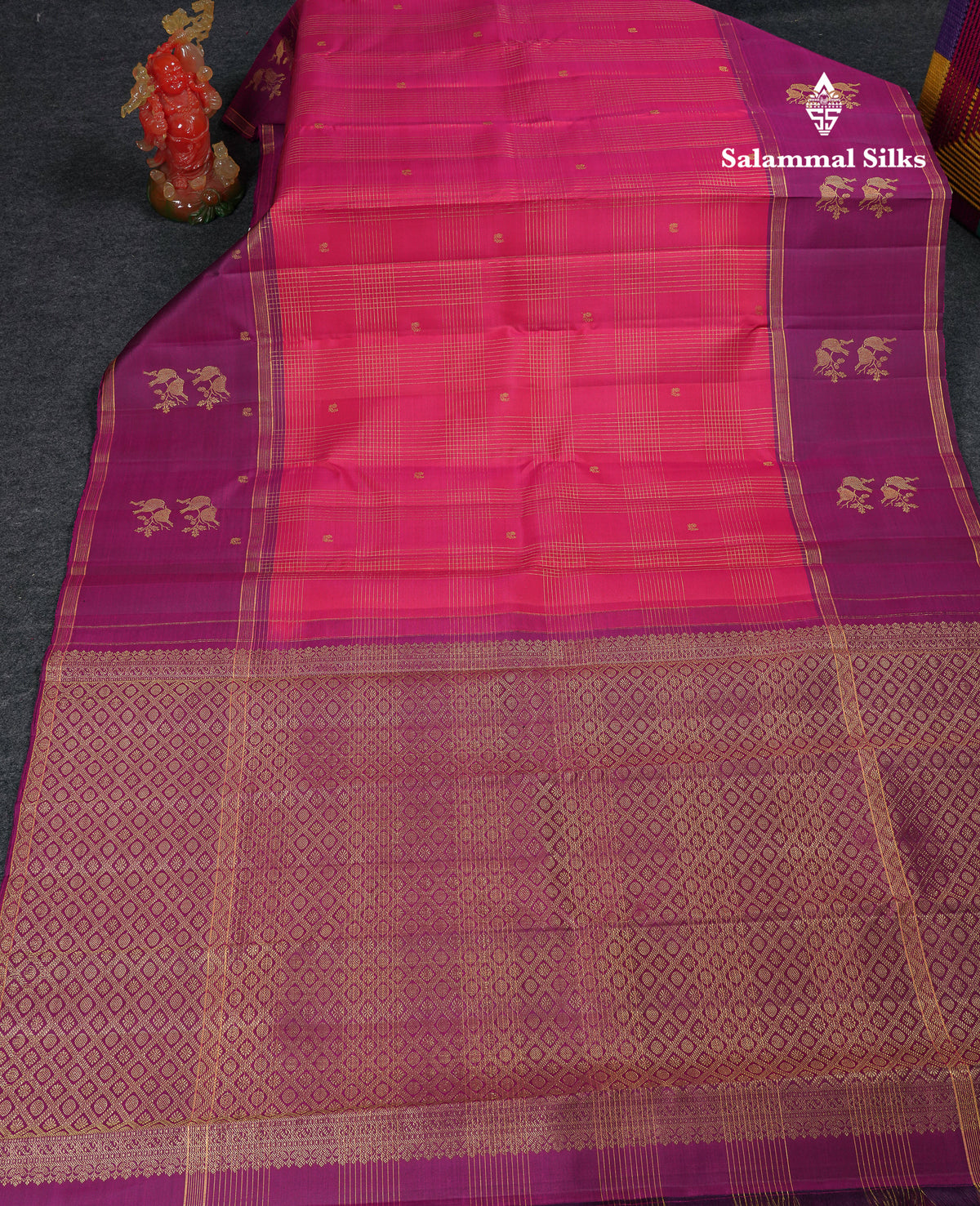 Beautiful Pink Pure Kanjivaram Silk Saree With Contrast Magenta Fancy Border