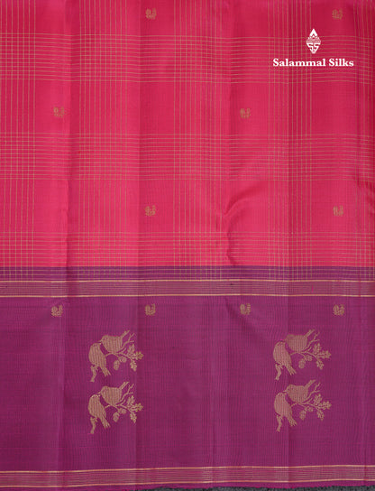 Beautiful Pink Pure Kanjivaram Silk Saree With Contrast Magenta Fancy Border