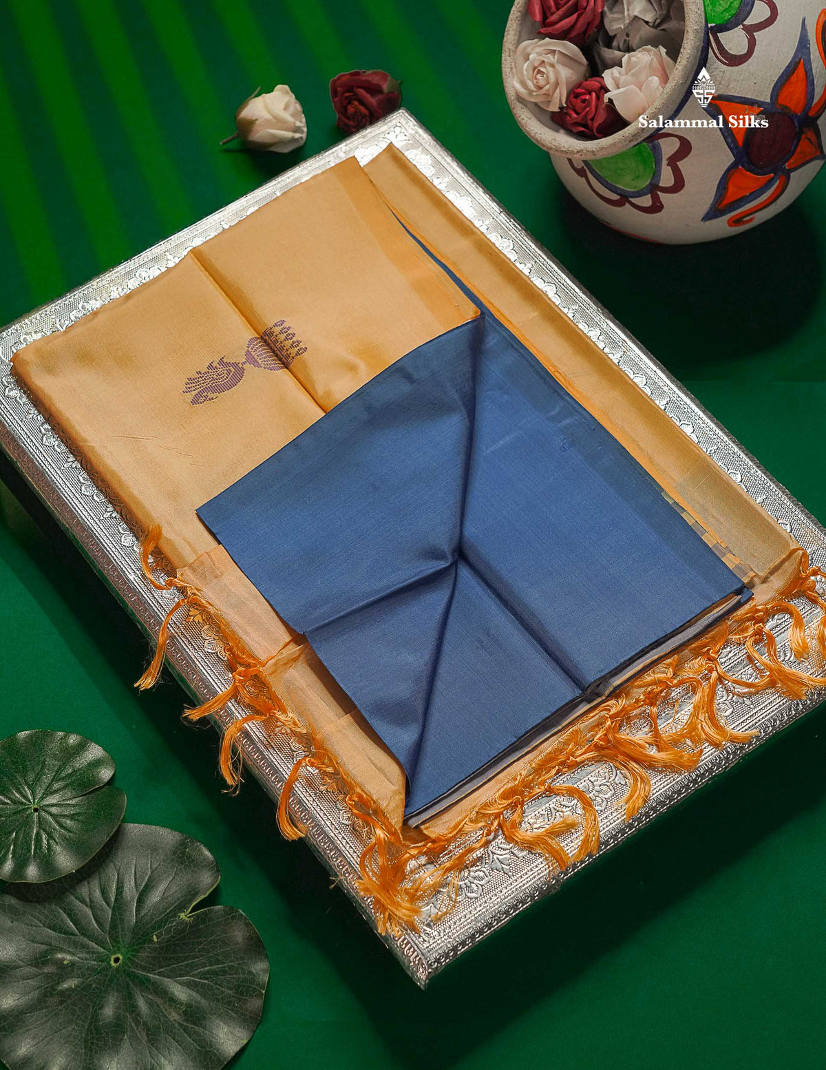 Navy Blue Thread work Buttas Banana Pinth Saree (Vaazhainaar Pattu) With Contrast Sandal Blouse