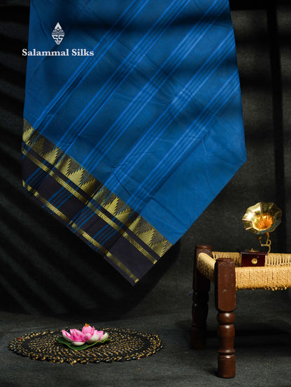 Beautiful Peacock Blue Plain Chettinad Pure Cotton Saree With Navy Blue Traditional Double And Temple Border