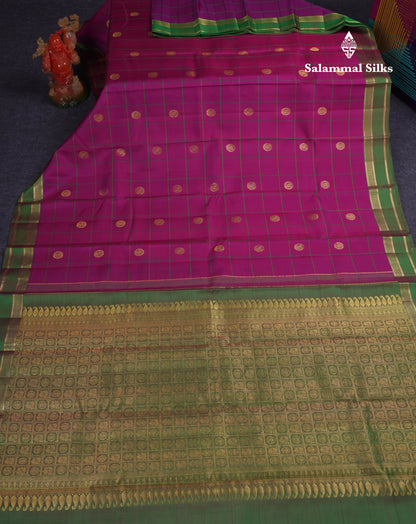 Beautiful Magenta Pink Checks With Butta Pure Kanjivaram Silk Saree With Contrast Green Traditional Gap Border