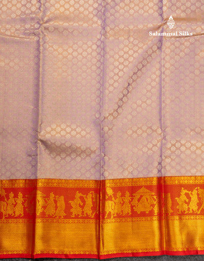 Beautiful Light Lavender Tissue Bridal Pure Kanjivaram Silk Saree With Contrast Chilly Red Pallaku Border