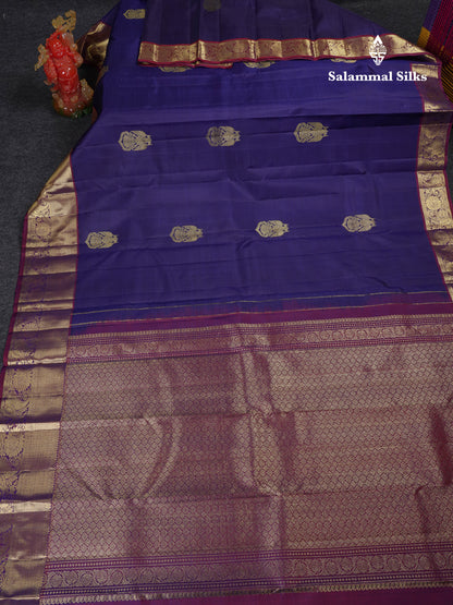 Beautiful Navy Blue Iruthalai Patchi Butta Pure Kanjivaram Silk Saree With Contrast Magenta Traditional Border
