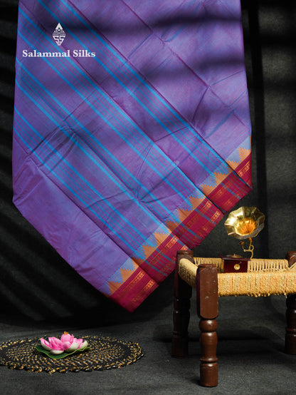 Beautiful Grey Plain Pure Chettinad  Cotton Saree With Violet Thread Work Traditional Temple And Double Border