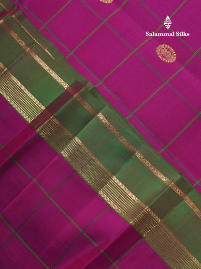 Beautiful Magenta Pink Checks With Butta Pure Kanjivaram Silk Saree With Contrast Green Traditional Gap Border