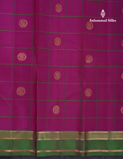 Beautiful Magenta Pink Checks With Butta Pure Kanjivaram Silk Saree With Contrast Green Traditional Gap Border