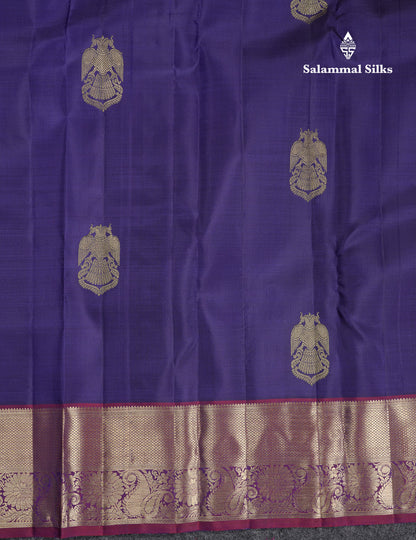 Beautiful Navy Blue Iruthalai Patchi Butta Pure Kanjivaram Silk Saree With Contrast Magenta Traditional Border