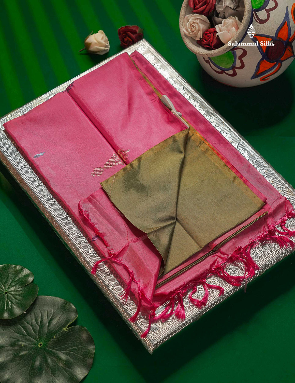 Olive Green Thread work Buttas Banana Pinth Saree (Vaazhainaar Pattu) With Contrast Pink Blouse