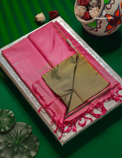 Olive Green Thread work Buttas Banana Pinth Saree (Vaazhainaar Pattu) With Contrast Pink Blouse