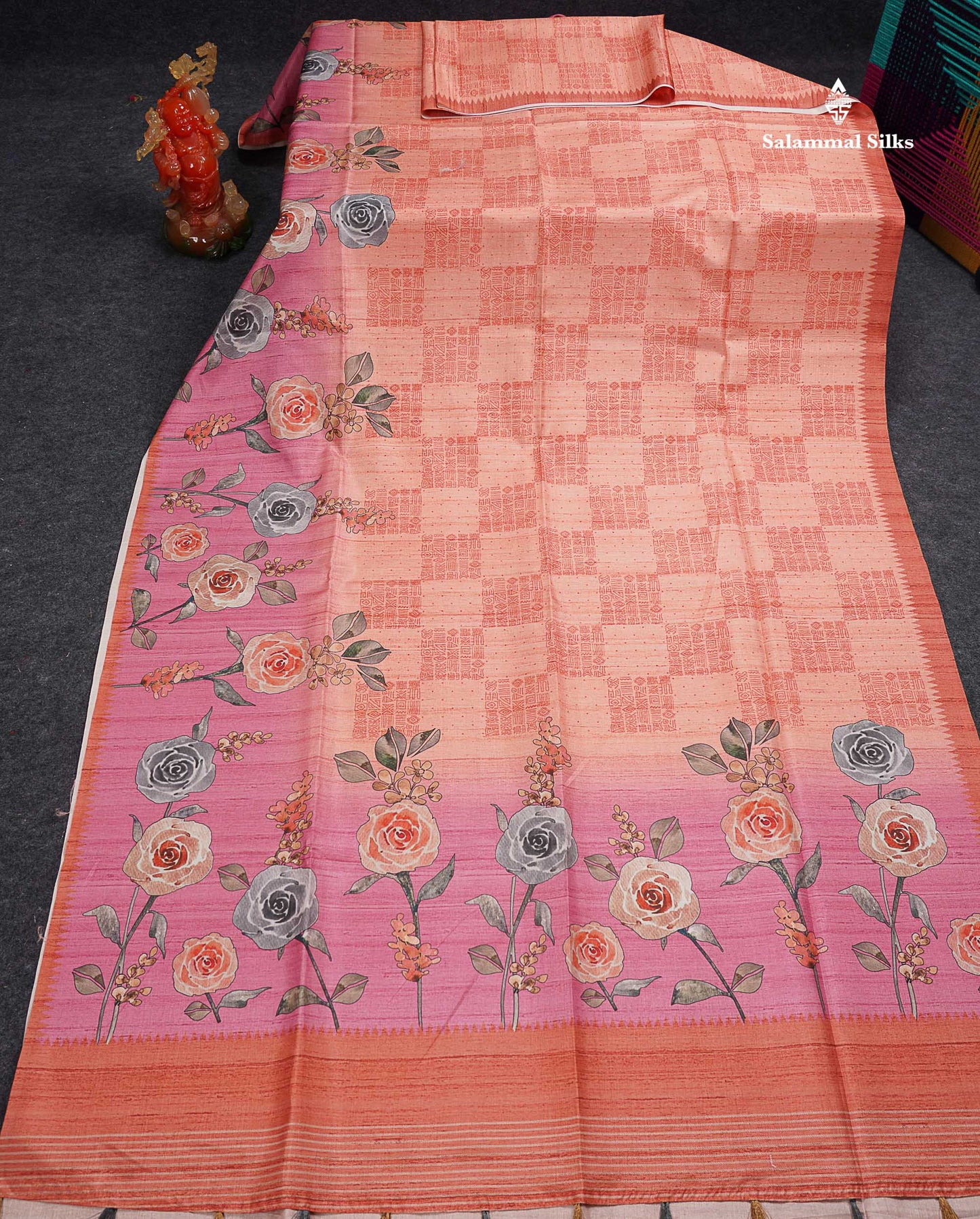 Beautiful Peach Semi Tussar Fancy Saree With Contrast Light Pink Flower Design Border