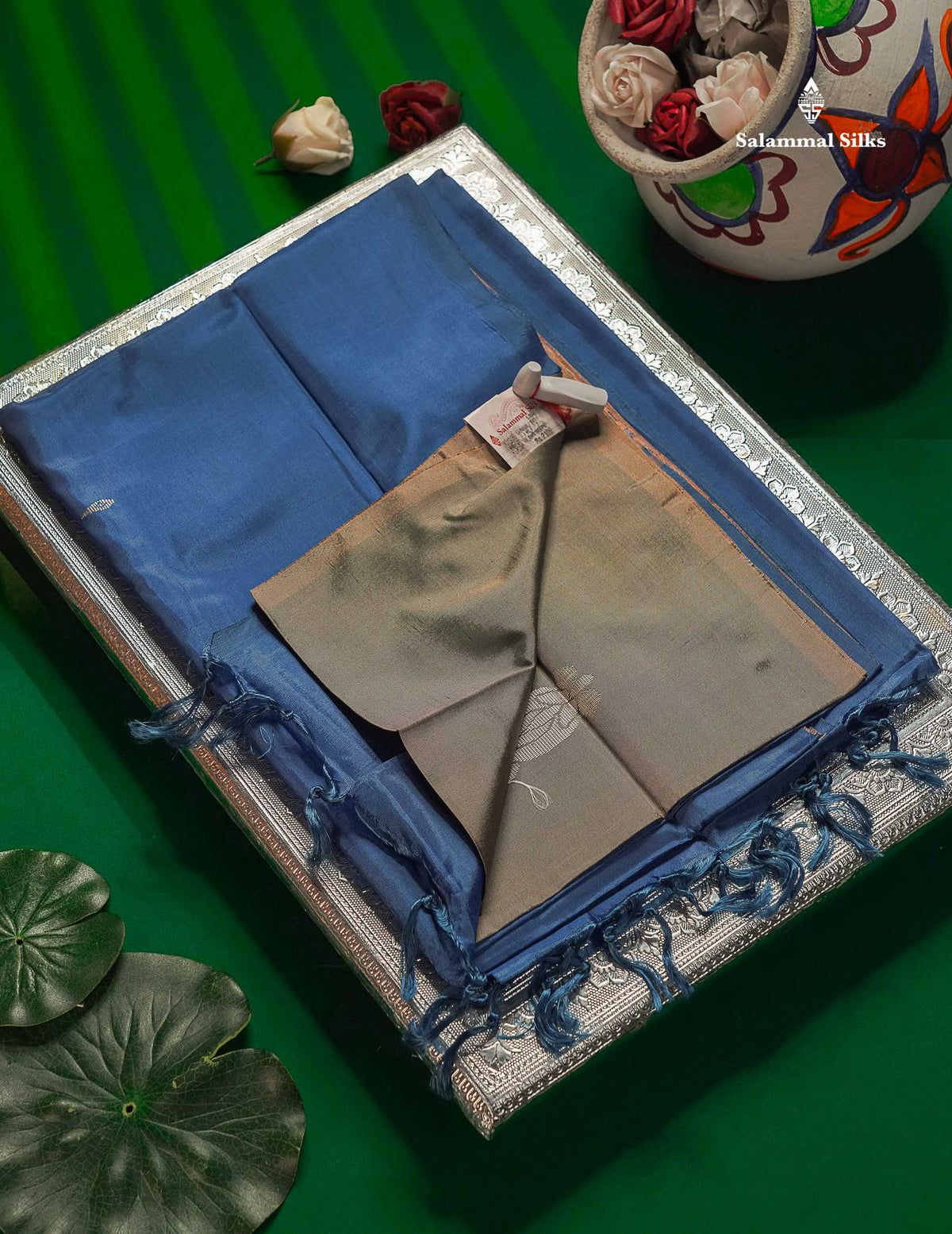 Elephant Grey Thread work Buttas Banana Pinth Saree (Vaazhainaar Pattu) With Contrast Navy Blue Blouse