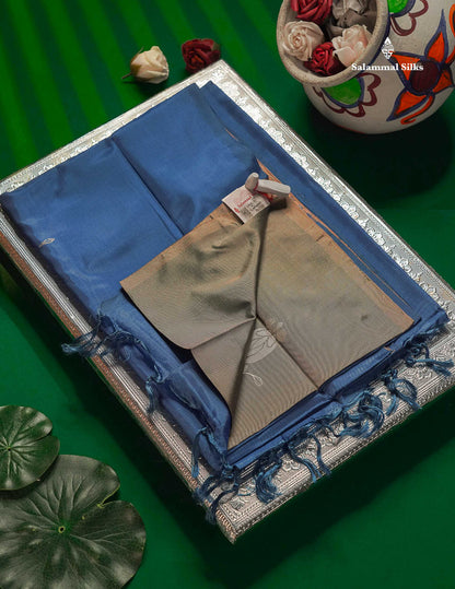 Elephant Grey Thread work Buttas Banana Pinth Saree (Vaazhainaar Pattu) With Contrast Navy Blue Blouse