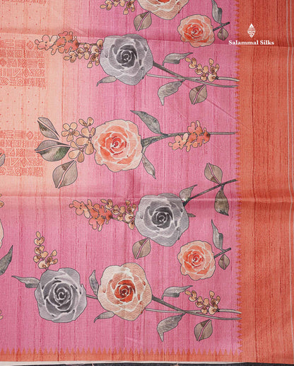 Beautiful Peach Semi Tussar Fancy Saree With Contrast Light Pink Flower Design Border