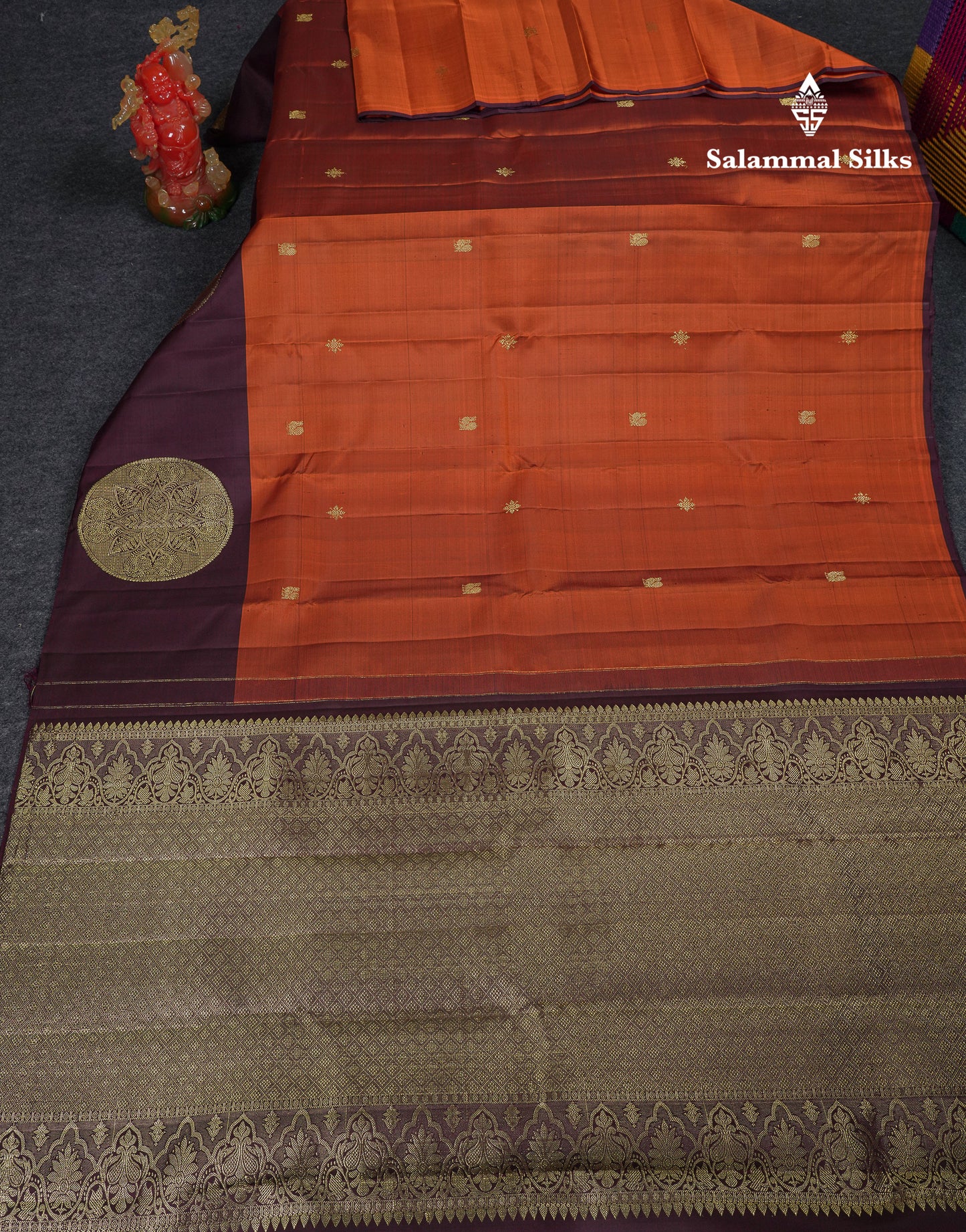 Beautiful Rust Orange Pure Kanjivaram Silk Saree With Contrast Dark Magenta Fancy Border