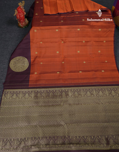 Beautiful Rust Orange Pure Kanjivaram Silk Saree With Contrast Dark Magenta Fancy Border